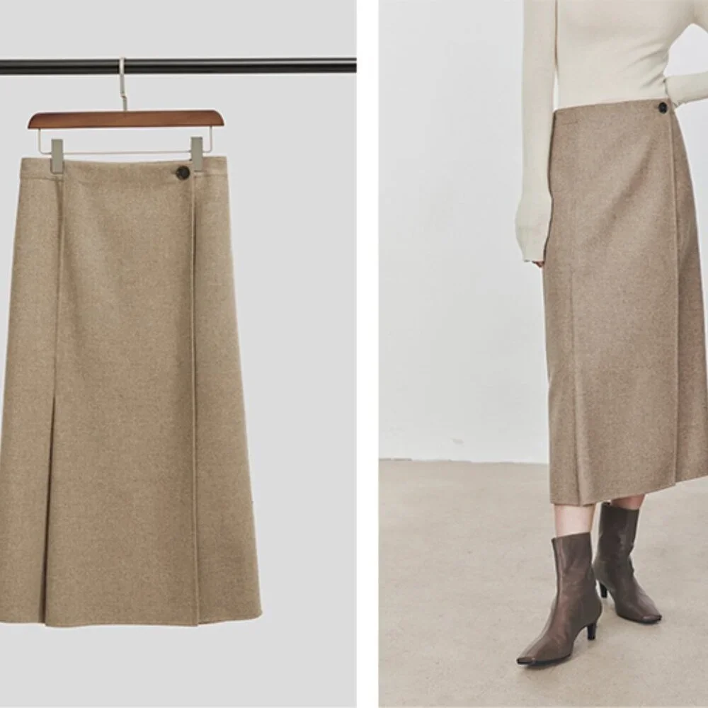 CHICJOC High-End 100% Wool Midi Wrap Skirt w/ Silk Waistband – Size 38